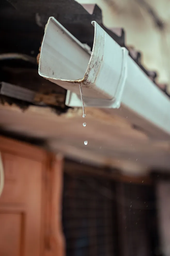 Rainwater draining through a roof gutter